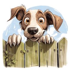 a dog peeking over the top of a fence with his paws on it's head