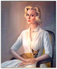 a painting of a woman sitting in a chair with a dog on her lap and looking at the camera