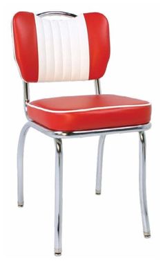 a red and white chair sitting on top of a metal frame with a seat cushion