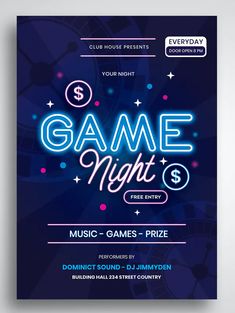 a flyer for a game night party with neon lights and stars on the front, in blue