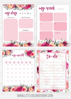 the pink floral planner stickers are shown in three different sizes and colors, with flowers on