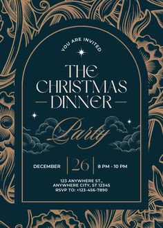 Dark Green and Gold Vintage Christmas Dinner Party Invitation Vintage Christmas Dinner, Christmas Poster Design, Winter Poster, Dinner Party Invitations, Ads Creative Advertising Ideas, Xmas Dinner, Christmas Dinner Party, Church Poster, Pose Fotografi