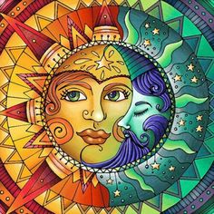 the sun and moon face are depicted in this stained glass art piece, which is part of