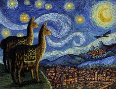 two llamas are standing in front of a starry night with the city below them