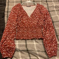 Shein Size Medium, Red Floral Satin Top, Long Sleeves. Nwot Red Floral Print Tops For Fall, Fall Floral Print Red Top, Fall Red Floral Print Tops, Red Floral Print V-neck Top, Red V-neck Floral Print Top, Spring Red Fitted Blouse, Fitted Red Blouse For Spring, Red Long Sleeve Blouse With Floral Print, Long Sleeve Red Blouse With Floral Print