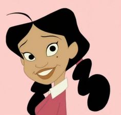 an animated woman with long black hair wearing a pink shirt