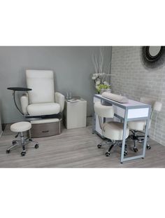 a white chair and desk in a room