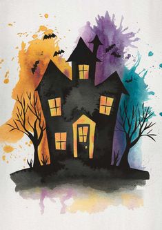 a watercolor painting of a creepy house with spooky trees