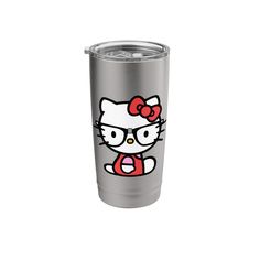 a stainless steel tumbler with hello kitty on the front and red bow around its neck