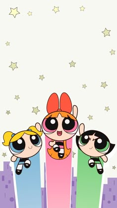 the powerpuff girls wallpaper with stars in the sky and three cartoon characters