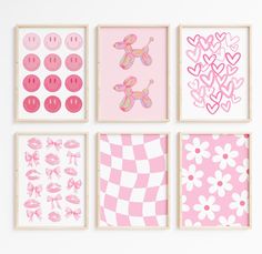 four pink and white framed art pieces with hearts, flowers, and poodles