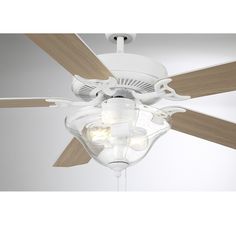 a white ceiling fan with light bulbs on it