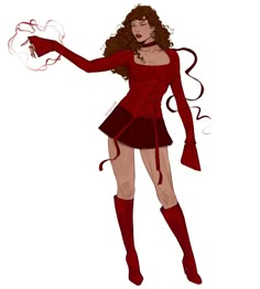 a drawing of a woman dressed in red with long hair and boots holding a white object