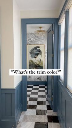 the hallway is painted blue and white with black and white checkerboard flooring