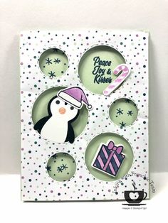 a christmas card with penguins and presents in the center, on top of polka dot paper