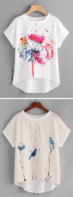 Print Dip Hem Chiffon Top T Shirt Painting Ideas Creative, T Shirt Painting Ideas, Shirt Painting Ideas, Blusas Crop Top, Ty Dye, Tshirts Ideas, Shirt Painting