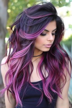 Long Hair With Purple Highlights, Hair Color Ideas With Money Pieces, Amazing Hair Color, Different Shades Of Purple Hair, Black With Purple Highlights, Purple Pink Ombre Hair, Purple And Blue Hair Color Ideas, Crazy Hair Dye