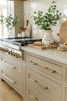 a kitchen with white cabinets and gold handles on the countertop, along with a potted plant