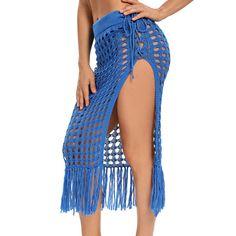 Blue Hollow-out High Split Tasseled Beach Skirt Beach Skirt Outfit, Skirt Y2k Outfits, Beach Crochet, Tassel Skirt, Skirts Summer, Crochet Cover Up, Skirt Y2k, Coverup Skirt, Beach Cover Ups