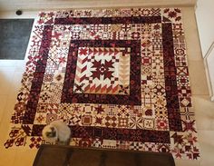 a cat sitting on top of a table next to a quilted area rug that has red and white designs