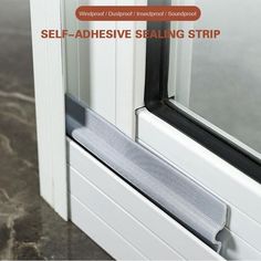 an advertisement for a sliding glass door with the words self - adhesive sealing strip