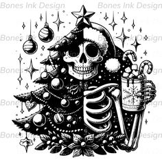 a black and white drawing of a skeleton holding a christmas tree with presents on it