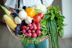 a person holding a basket full of fresh vegetables