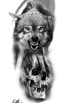 a black and white photo of a wolf with its mouth open next to a human skull