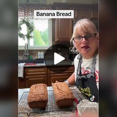 a woman is making banana bread in the kitchen with her hands on top of it