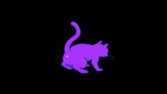 a purple cat walking across a black background