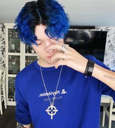 Dyed Tips Short Hair Men, Blue Hairstyles Short, Mens Split Dyed Hair, Mens Coloured Hair, Coloured Hair Men, Blue Black Hair Men, Short Blue Hair Men, Hair Dye Men Ideas