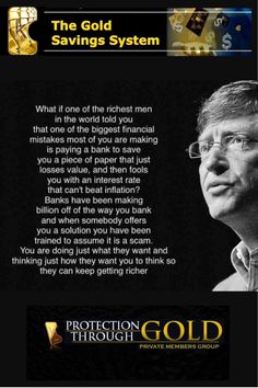 an advertisement for the golden savings system with bill gates and gold coins in front of it