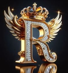 the letter r is made up of gold and diamonds with wings on it's sides