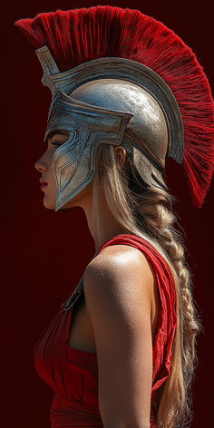 a woman in a red dress with a helmet on her head and braided hair