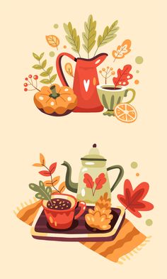 two teapots with autumn leaves on them