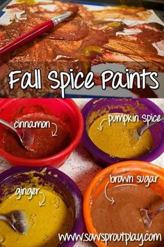 the steps to make fall spice paint for pumpkins and cinnamon in bowls with spoons