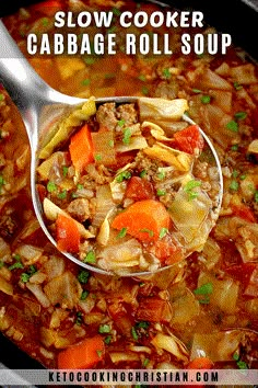 a ladle full of slow cooker cabbage roll soup