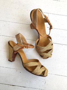 "Vintage 1930s woven gold mesh strappy heels with open toe, ankle strap and sturdy heel. --- M E A S U R E M E N T S --- fits like: us 6.5 | euro 37 | uk 4 insole: 9.5\" ball: 3.2\" heel: 2.25\" brand/maker: n/a condition: excellent, some light wear on ankle straps (see photo) ➸ more vintage footwear http://www.etsy.com/shop/DearGolden?section_id=5800174 ➸ visit the shop http://www.DearGolden.etsy.com ➸ blog | www.deargolden.com ➸ twitter | deargolden ➸ facebook.com | deargolden" Vintage Sandals With Heel Strap And Low Heel, Vintage High Heel Sandals With Heel Strap, Vintage Heels With Heel And Ankle Straps, Vintage Heels With Wooden Open Heel, Vintage Heels With Heel Strap And Ankle Strap, Vintage Heels With Ankle Strap, Vintage Ankle Strap Heels With 4-inch Heel, Vintage Almond Toe Sandals With Heel Strap, Vintage Gold Sandals For Evening