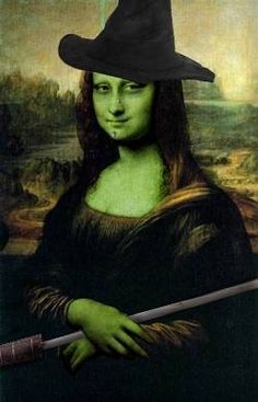 a painting of a woman wearing a witches hat and holding a broom