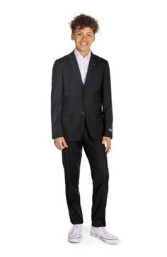 This lightweight two-button suit jacket and trousers in classic black let your child look formal without fuss. Includes jacket and trousers Jacket has notched lapels; nonfunctional three-button cuffs; chest welt pocket; front flap pockets; side vents Trousers have zip fly with button-tab closure; front slant pockets; back welt pockets 70% polyester, 27% rayon, 3% spandex Machine wash, tumble dry Imported Black Suits With Suit Collar For Business Meetings, Black Single-breasted Suit For Business Meetings, Uniform Tailored Suits For Workwear, Professional Solid Suits For Business Meetings, Professional Single Button Suits For Business Meetings, Solid Notch Lapel Suits For Business Meetings, Fitted Formal Uniform Suit, Professional Solid Color Single Button Suit, Black Suit For Business Meetings