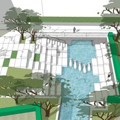 an artist's rendering of a water feature in a park with lots of trees