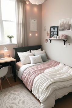 a bedroom with a bed, desk and window in the corner that has lights on above it