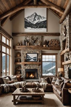 a living room filled with lots of furniture and a fire place in the middle of it