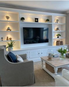 Grass Cloth Wallpaper Built Ins, Old Built In Entertainment Center Makeover, Interior Design Living Room Shelves, Built In Tv Wall Unit High Ceiling, Large Entertainment Center Living Room, Wall Bookshelves Living Room, Built In Wall Shelves Living Room, Family Room Built Ins, Tv Alcove