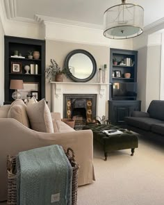 a living room filled with furniture and a fire place