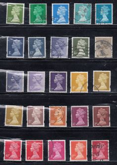 a collection of stamps with different colors and designs on them, including the queen's head