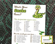 a green snake is sitting on top of a white sheet with the words what's your snake name?