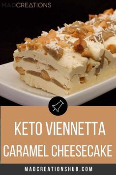 keto venetta caramel cheesecake on a white plate with text overlay