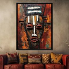 Tribal Mask 02 - Sakeem Gibbs - NicheCanvas Tribe Art, African Tribe, African Inspired Decor, Mask Painting, Afrikaanse Kunst, African Home Decor, Orange Hues, Artist Collective, African Decor