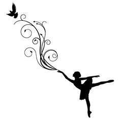 the silhouette of a ballerina is flying with her arms spread out to catch a butterfly